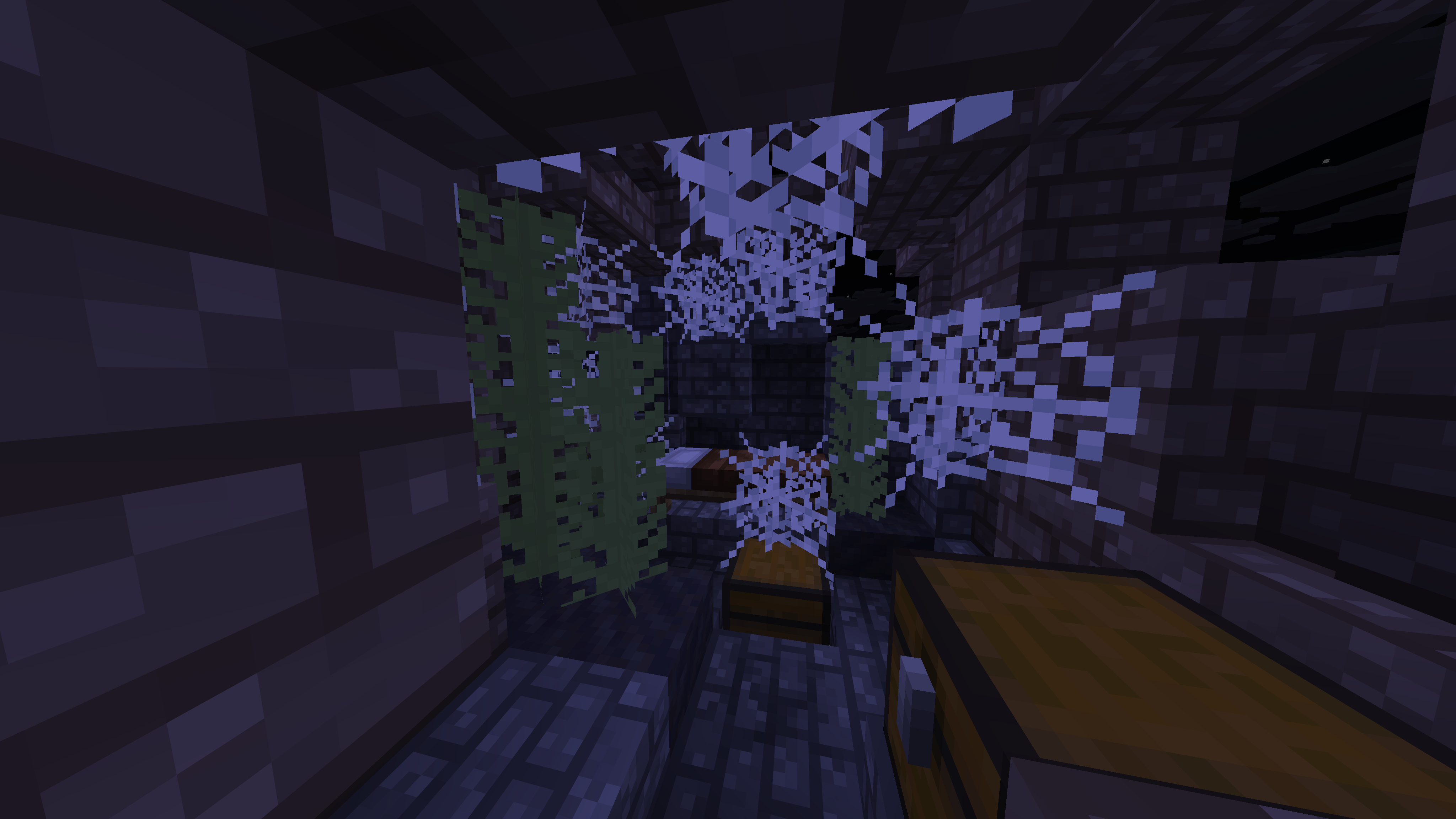 Showcases the inside of an Abondened Farm with a bed, 2 loot chests, and more!