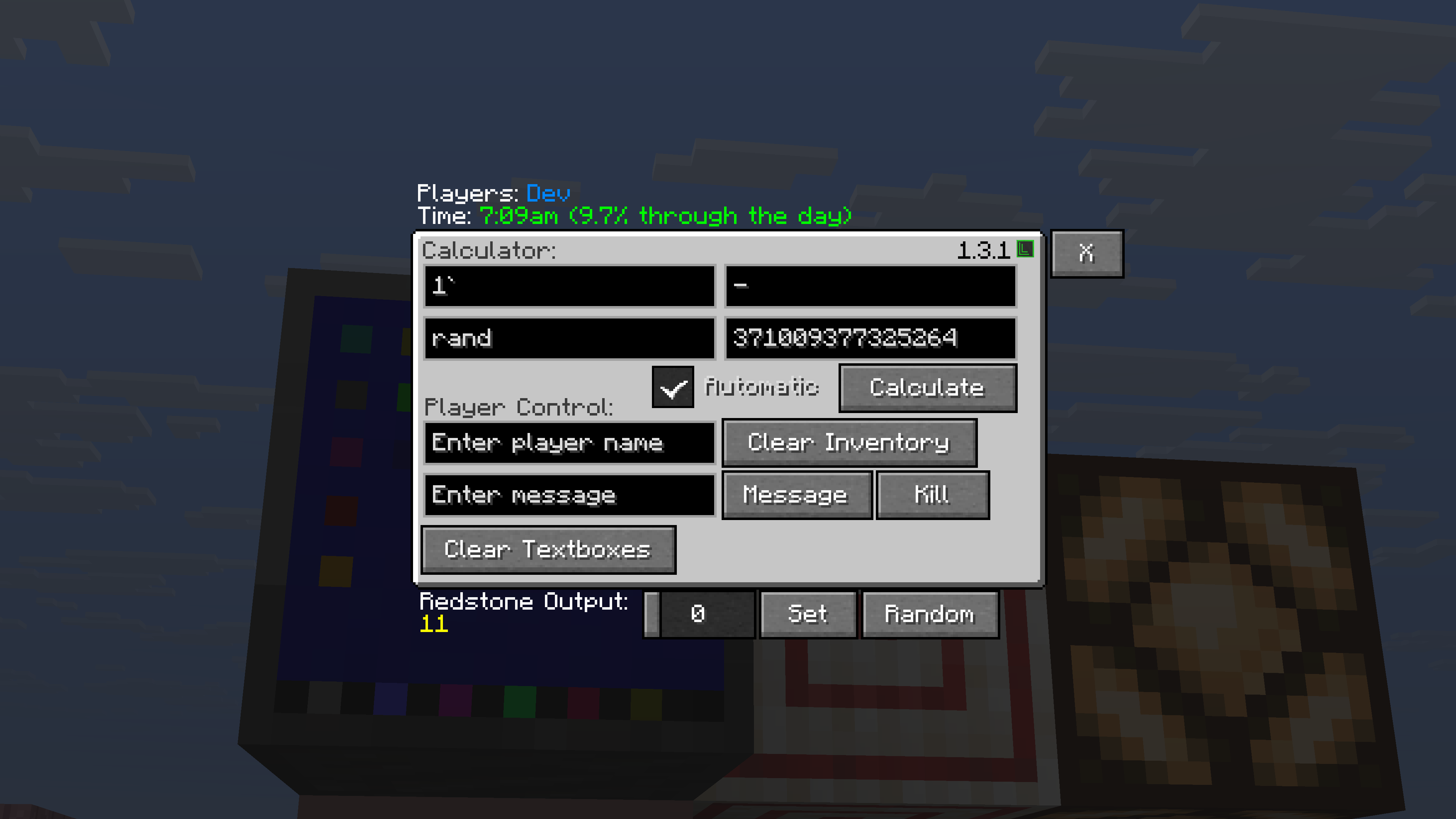 This shows the Computer UI with a calculator, redstone output selector, player management controls, in-game time, player list, and LlamaBlocks version.